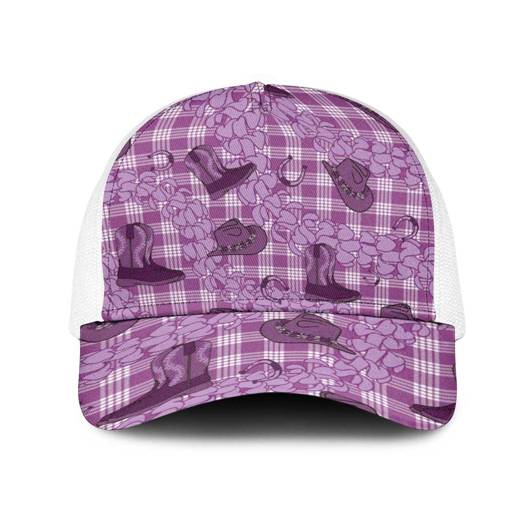 Purple Palaka Hawaii Cowboy Mesh Trucker Cap Puakenikeni Lei Paniolo Papale Seamless Vibes LT14 One Size White Purple - Polynesian Pride