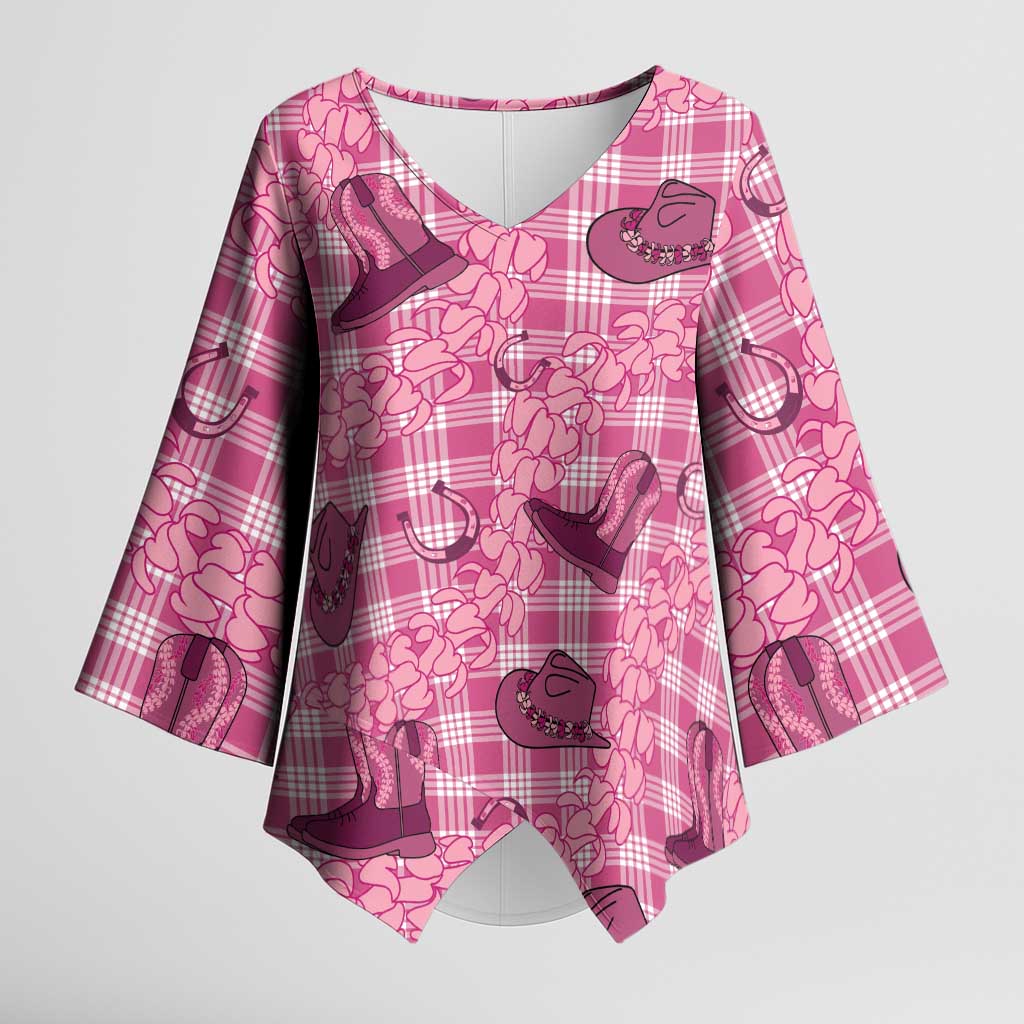 Pink Palaka Hawaii Cowboy Kimono Sleeve Blouse Puakenikeni Lei Paniolo Papale Seamless Vibes LT14 Female Pink - Polynesian Pride
