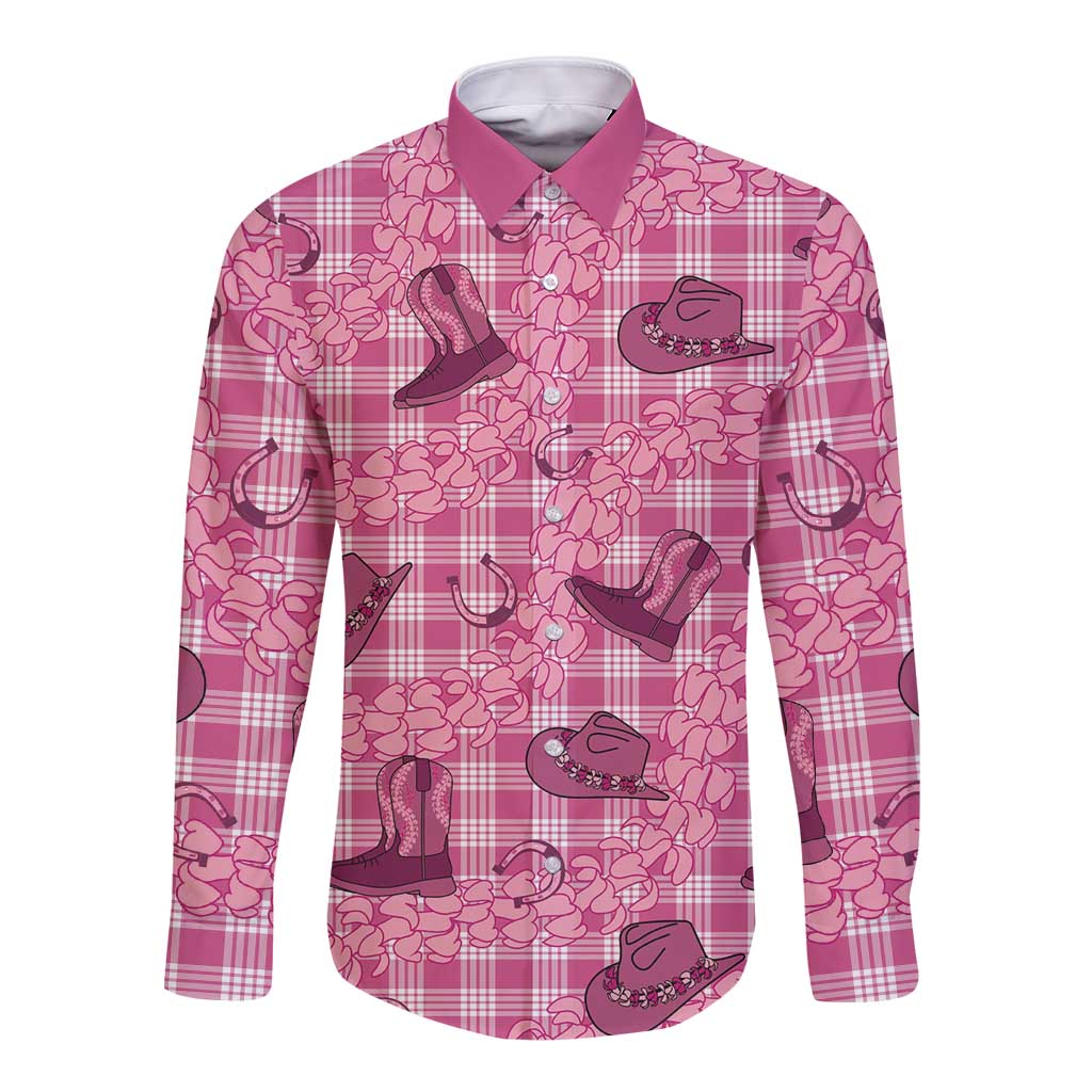 Pink Palaka Hawaii Cowboy Long Sleeve Button Shirt Puakenikeni Lei Paniolo Papale Seamless Vibes LT14 Unisex Pink - Polynesian Pride