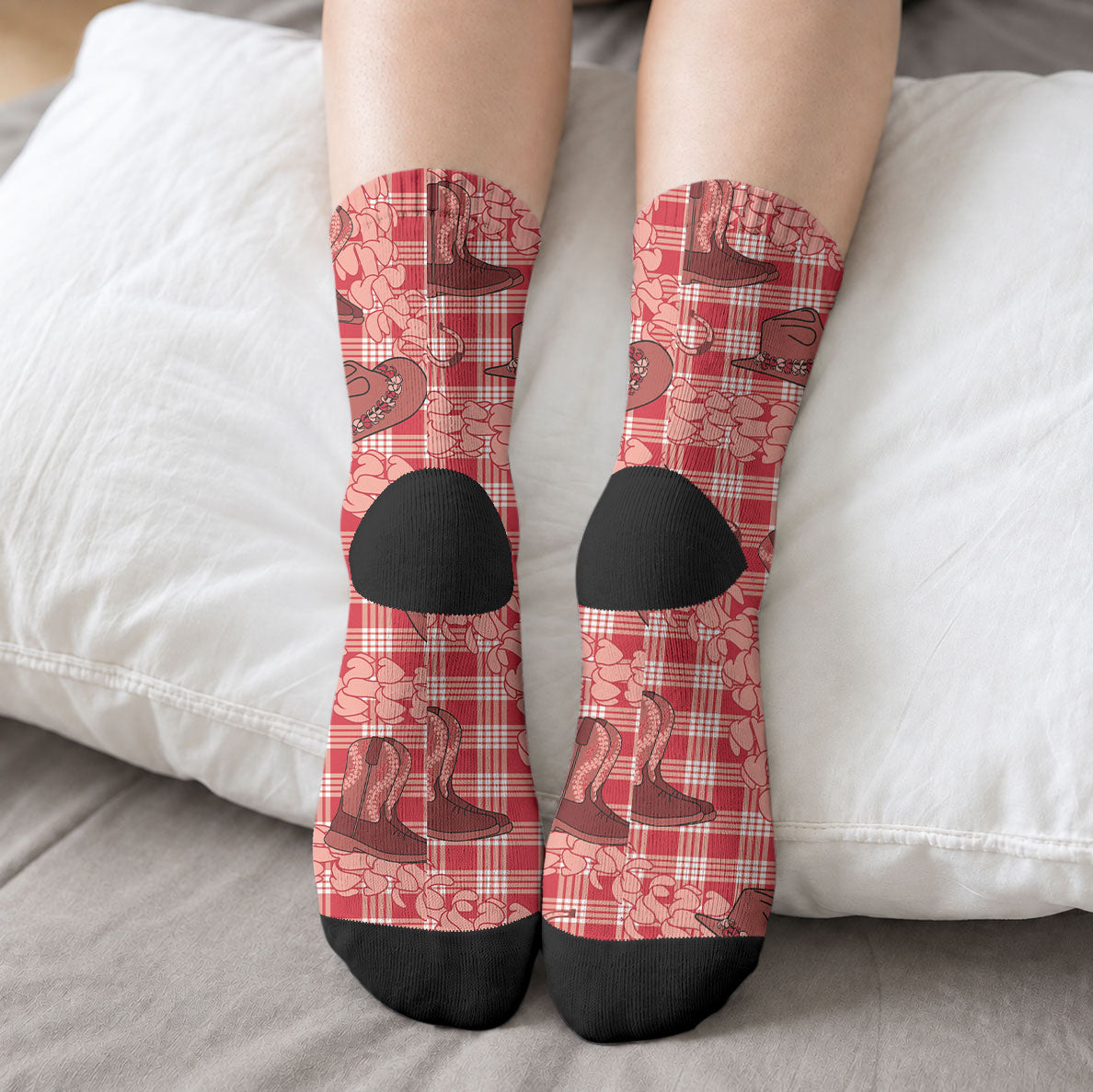 Red Palaka Hawaii Cowboy Crew Socks Puakenikeni Lei Paniolo Papale Seamless Vibes LT14 - Polynesian Pride