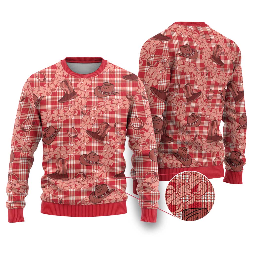 Red Palaka Hawaii Cowboy Ugly Christmas Sweater Puakenikeni Lei Paniolo Papale Seamless Vibes LT14 Red - Polynesian Pride