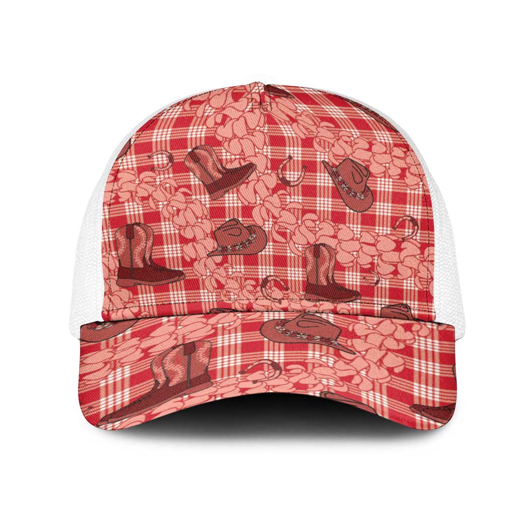 Red Palaka Hawaii Cowboy Mesh Trucker Cap Puakenikeni Lei Paniolo Papale Seamless Vibes LT14 One Size White Red - Polynesian Pride