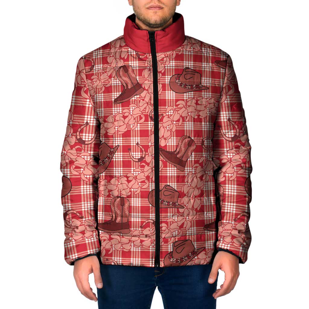 Red Palaka Hawaii Cowboy Padded Jacket Puakenikeni Lei Paniolo Papale Seamless Vibes LT14 Men Red - Polynesian Pride