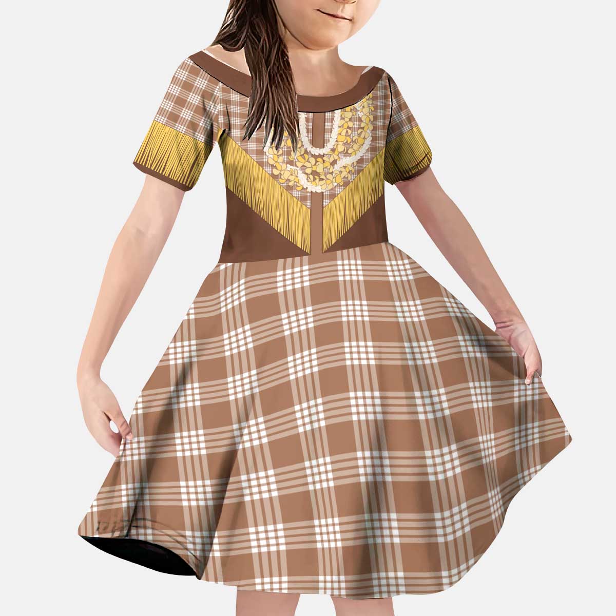 Aloha Hawaii Cowboy Custome Kid Short Sleeve Dress Puakenikeni Lei Palaka Tassel Style LT14 KID Brown - Polynesian Pride