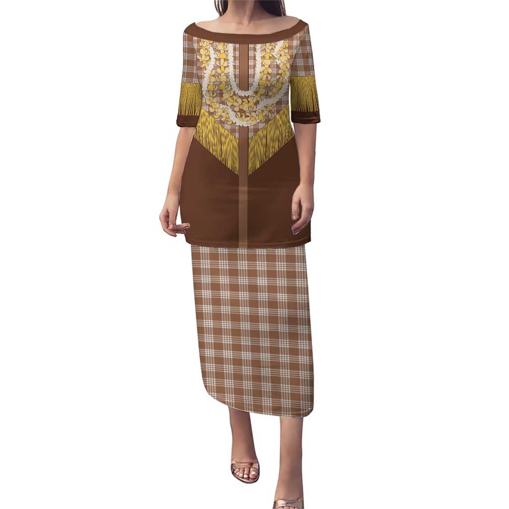 Aloha Hawaii Cowboy Custome Puletasi Puakenikeni Lei Palaka Tassel Style LT14 Long Dress Brown - Polynesian Pride