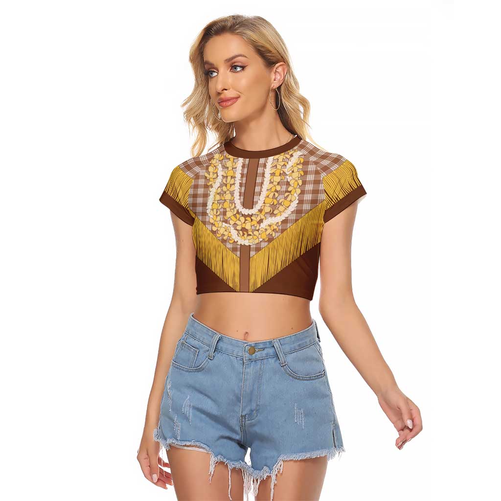 Aloha Hawaii Cowboy Custome Raglan Cropped T Shirt Puakenikeni Lei Palaka Tassel Style LT14 Female Brown - Polynesian Pride