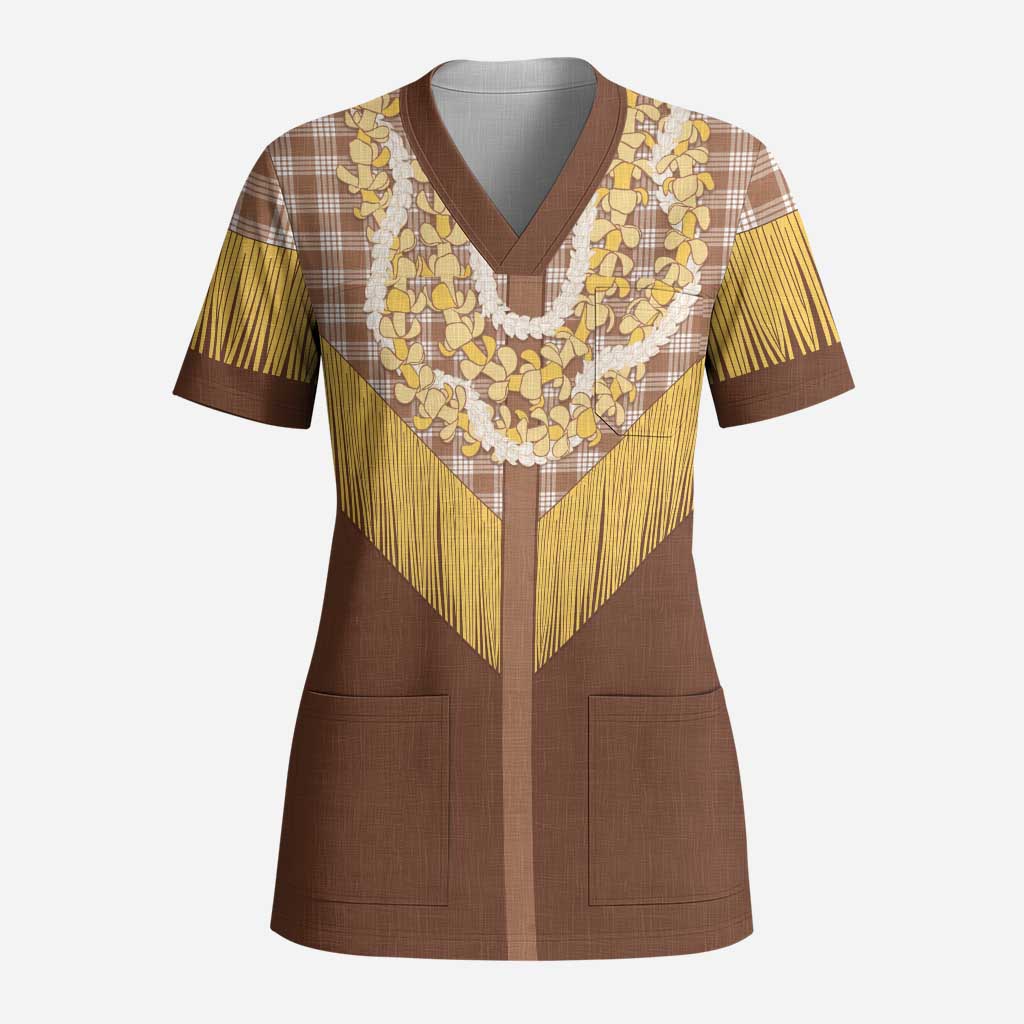 Aloha Hawaii Cowboy Custome Scrub Top Puakenikeni Lei Palaka Tassel Style LT14 Adult Brown - Polynesian Pride