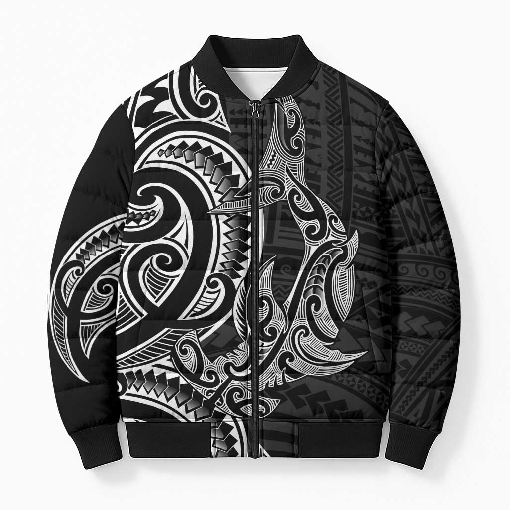 New Zealand Hammerhead Shark Bomber Puffer Jacket Maori Haehae Mangopare Black LT14 Unisex Black - Polynesian Pride