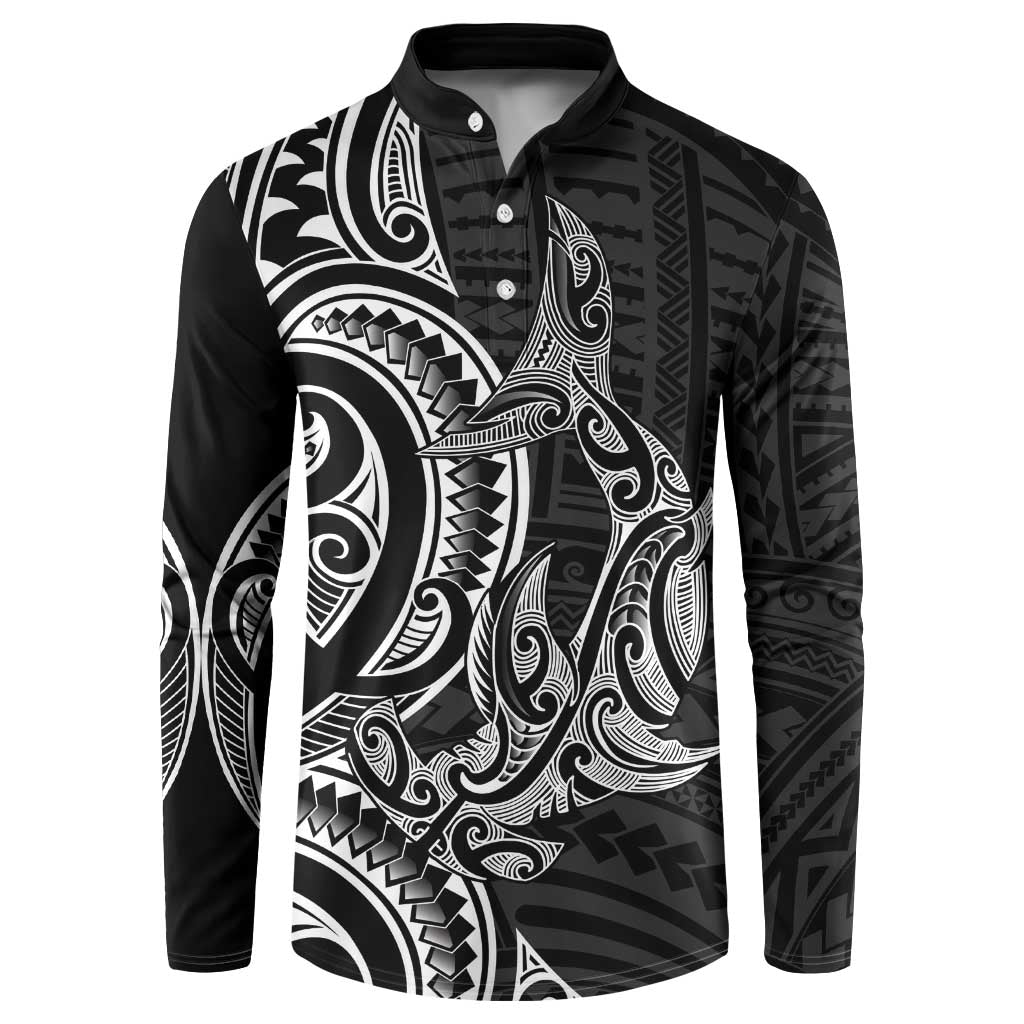 New Zealand Hammerhead Shark Button Sweatshirt Maori Haehae Mangopare Black LT14 Black - Polynesian Pride
