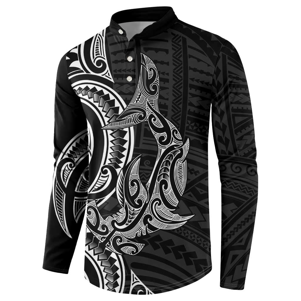 New Zealand Hammerhead Shark Button Sweatshirt Maori Haehae Mangopare Black LT14 - Polynesian Pride
