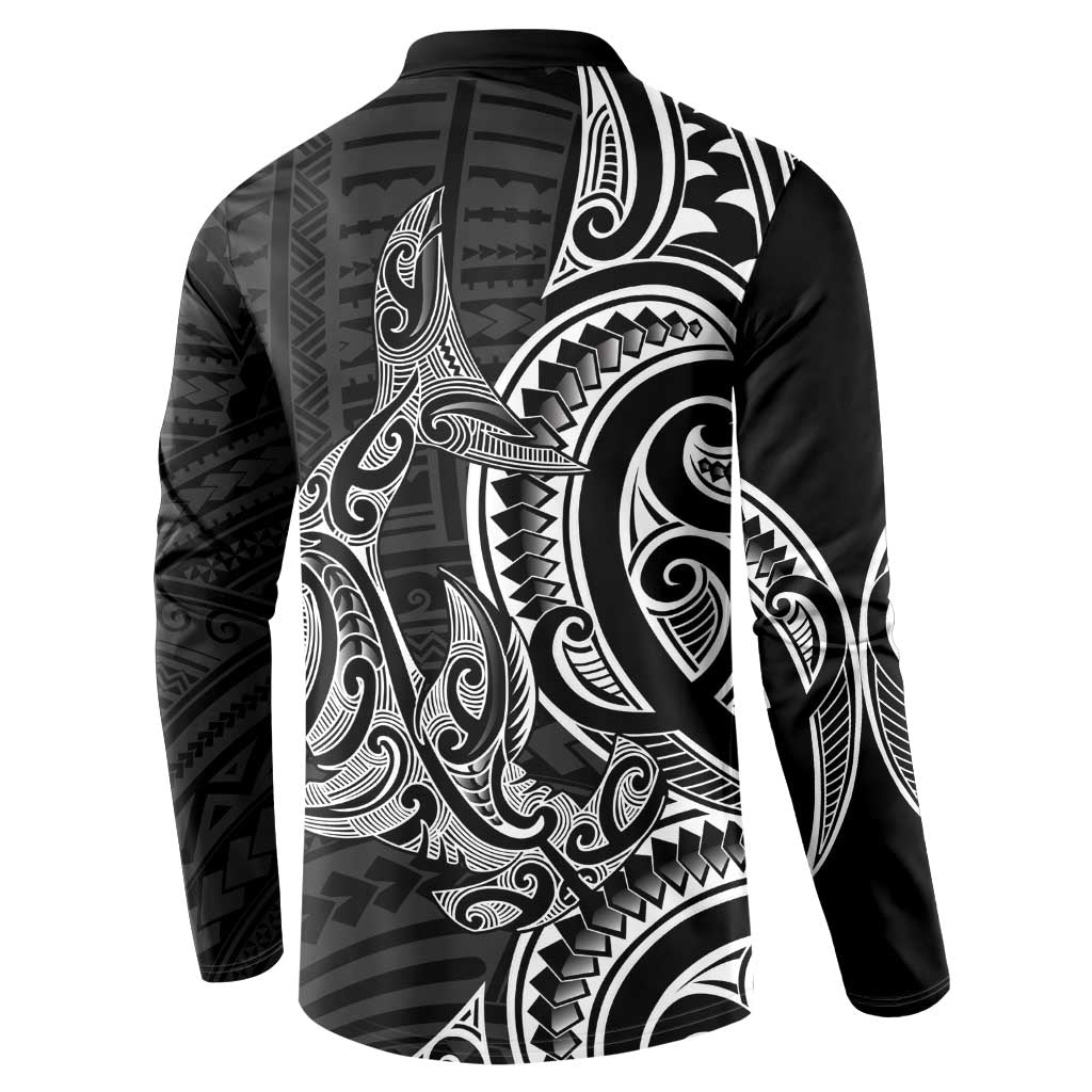 New Zealand Hammerhead Shark Button Sweatshirt Maori Haehae Mangopare Black LT14 - Polynesian Pride
