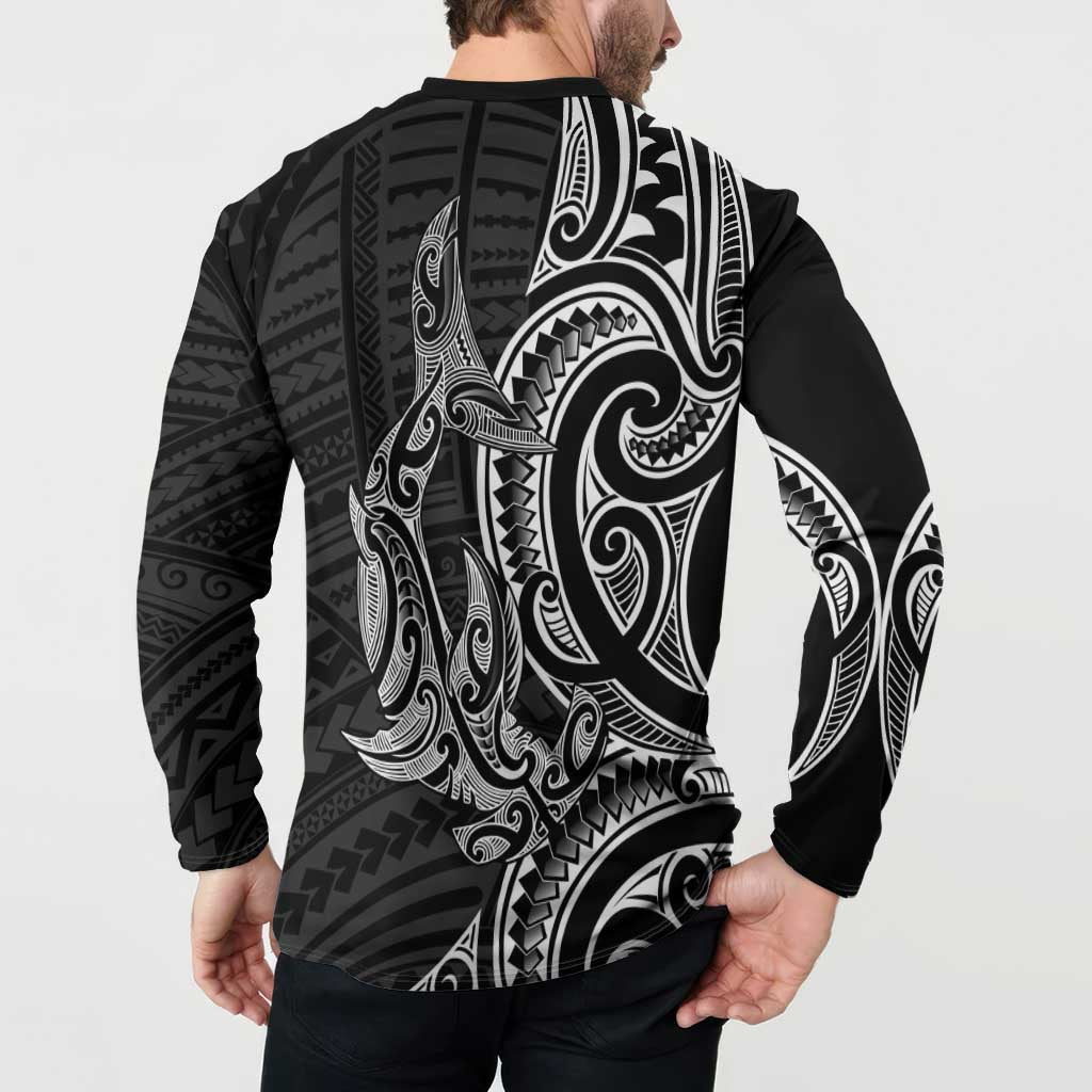 New Zealand Hammerhead Shark Button Sweatshirt Maori Haehae Mangopare Black LT14 - Polynesian Pride