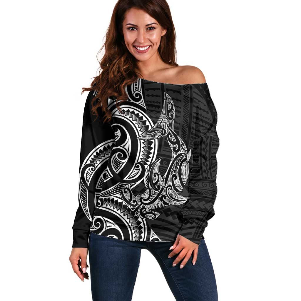 New Zealand Hammerhead Shark Off Shoulder Sweater Maori Haehae Mangopare Black LT14 Women Black - Polynesian Pride