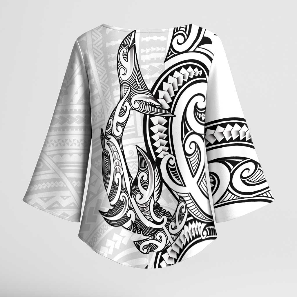 New Zealand Hammerhead Shark Kimono Sleeve Blouse Maori Haehae Mangopare White LT14 - Polynesian Pride