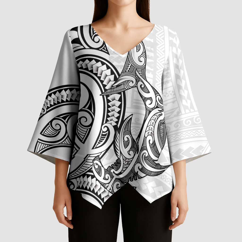 New Zealand Hammerhead Shark Kimono Sleeve Blouse Maori Haehae Mangopare White LT14 - Polynesian Pride
