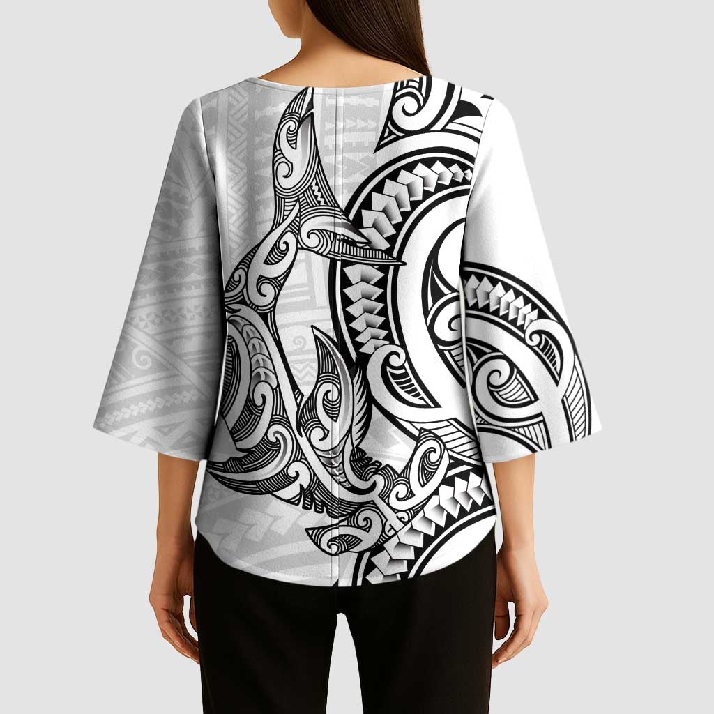 New Zealand Hammerhead Shark Kimono Sleeve Blouse Maori Haehae Mangopare White LT14 - Polynesian Pride