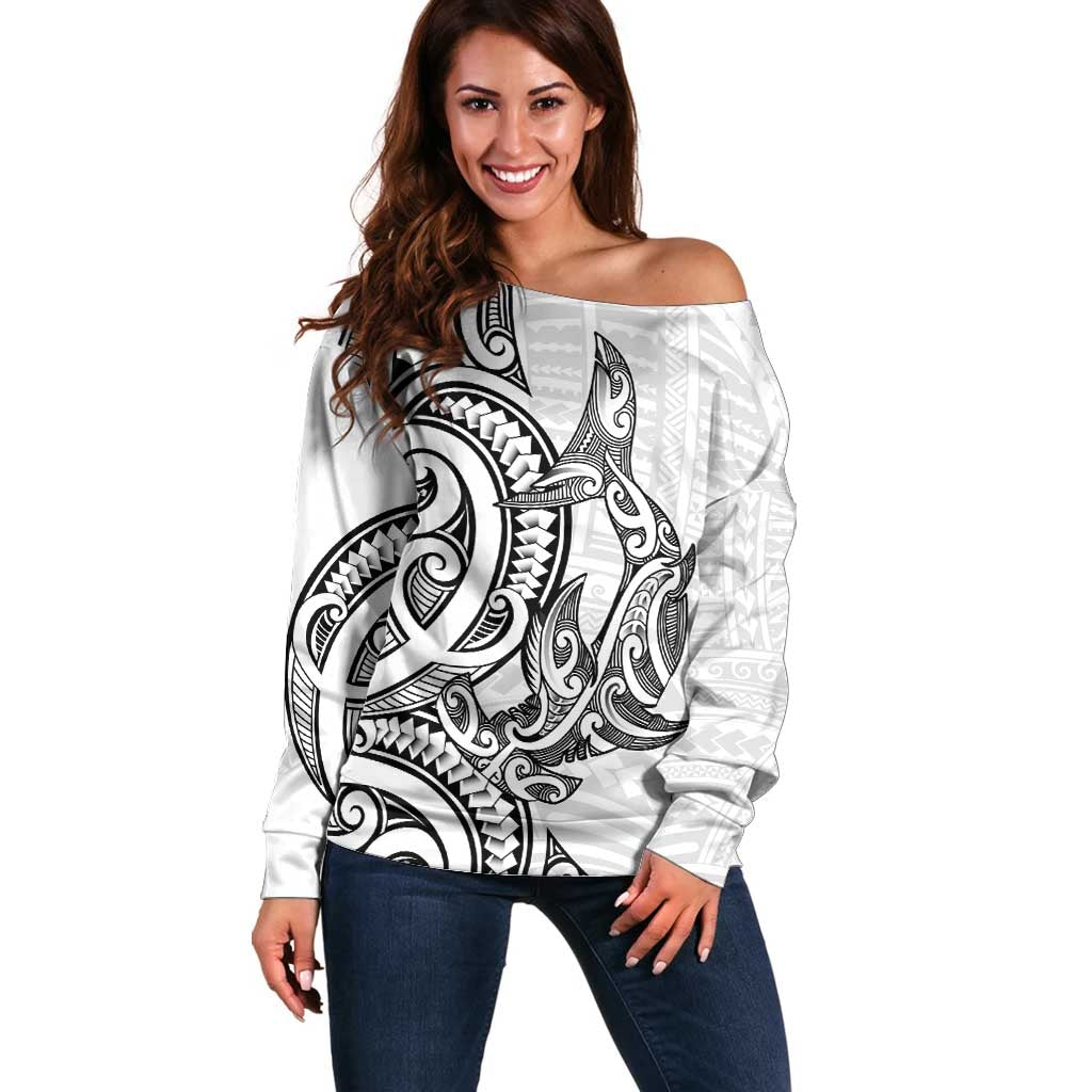 New Zealand Hammerhead Shark Off Shoulder Sweater Maori Haehae Mangopare White LT14 Women White - Polynesian Pride