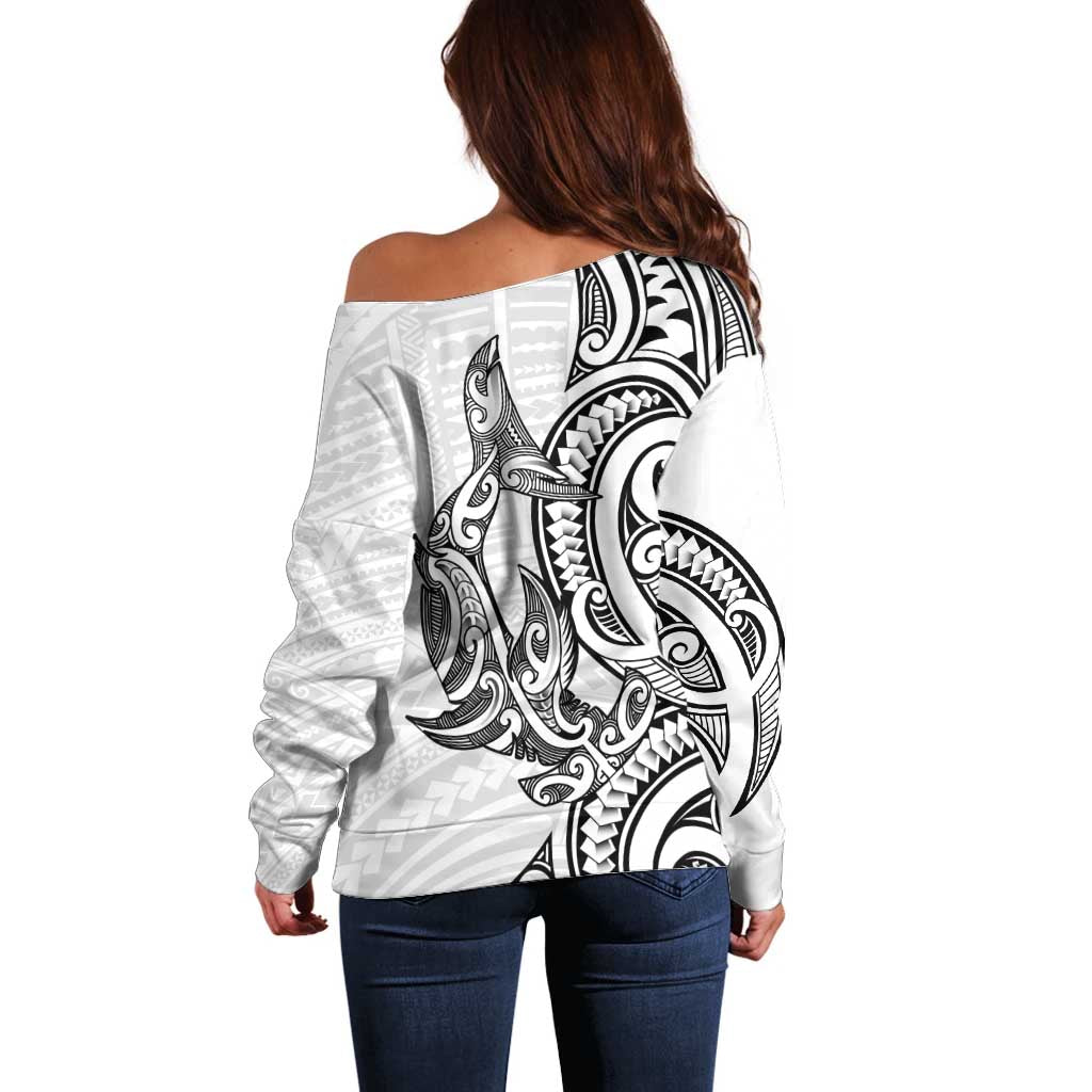 New Zealand Hammerhead Shark Off Shoulder Sweater Maori Haehae Mangopare White LT14 - Polynesian Pride