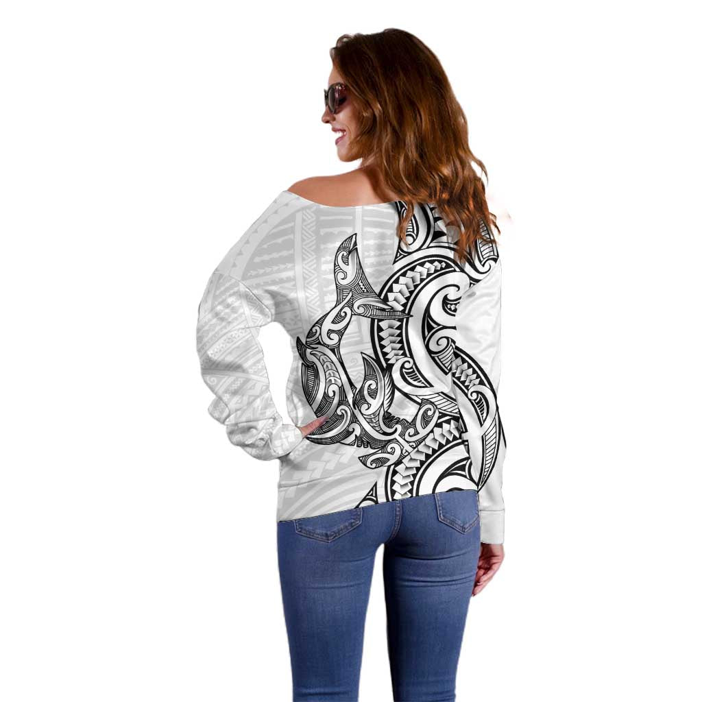 New Zealand Hammerhead Shark Off Shoulder Sweater Maori Haehae Mangopare White LT14 - Polynesian Pride