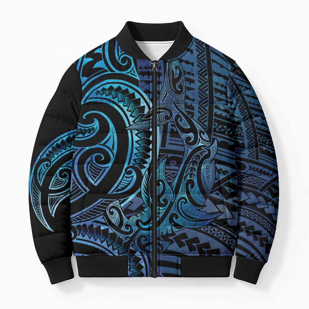 New Zealand Hammerhead Shark Bomber Puffer Jacket Maori Haehae Mangopare Galaxy LT14 Unisex Blue - Polynesian Pride