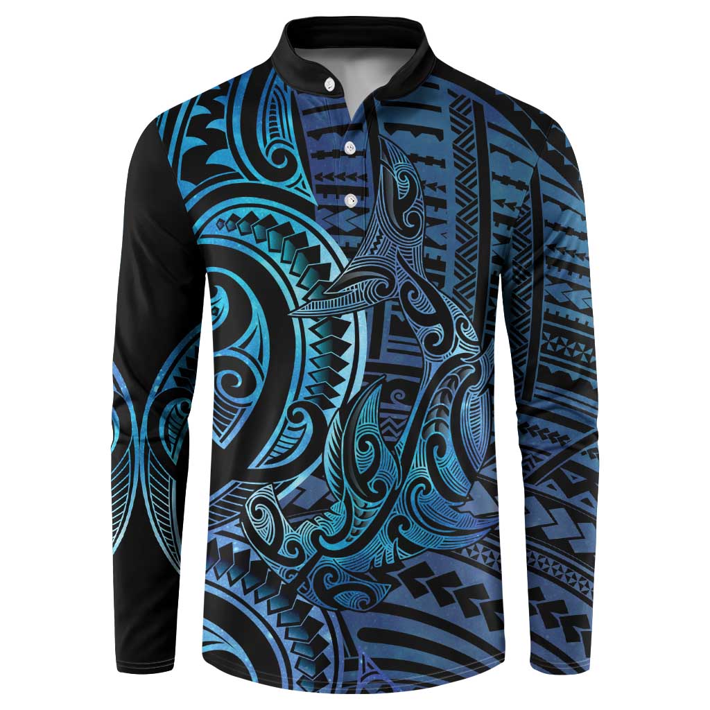 New Zealand Hammerhead Shark Button Sweatshirt Maori Haehae Mangopare Galaxy LT14 Blue - Polynesian Pride