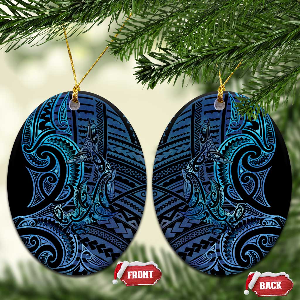 New Zealand Hammerhead Shark Ceramic Ornament Maori Haehae Mangopare Galaxy LT14 Oval Blue - Polynesian Pride