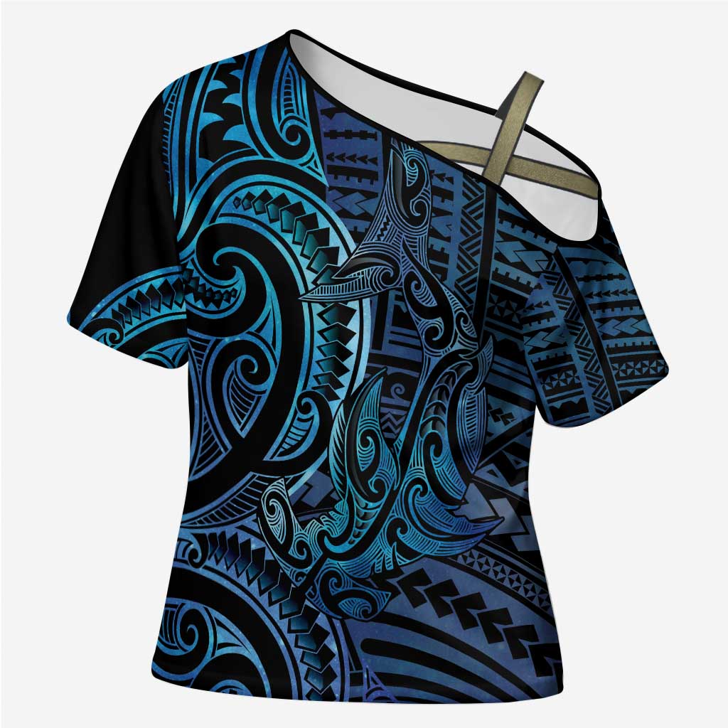 New Zealand Hammerhead Shark Cross Shoulder Shirt Maori Haehae Mangopare Galaxy LT14 Female Blue - Polynesian Pride