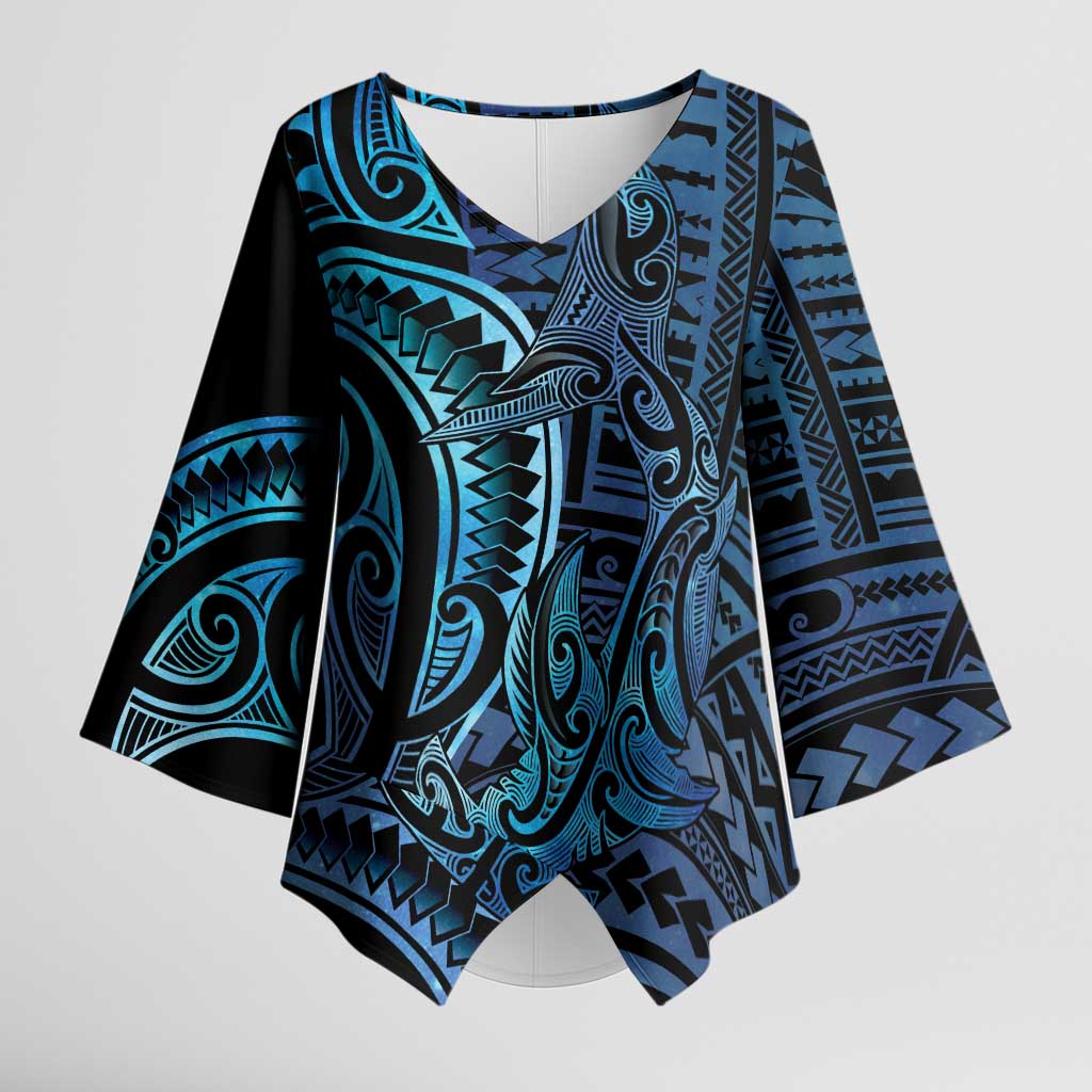 New Zealand Hammerhead Shark Kimono Sleeve Blouse Maori Haehae Mangopare Galaxy LT14 Female Blue - Polynesian Pride