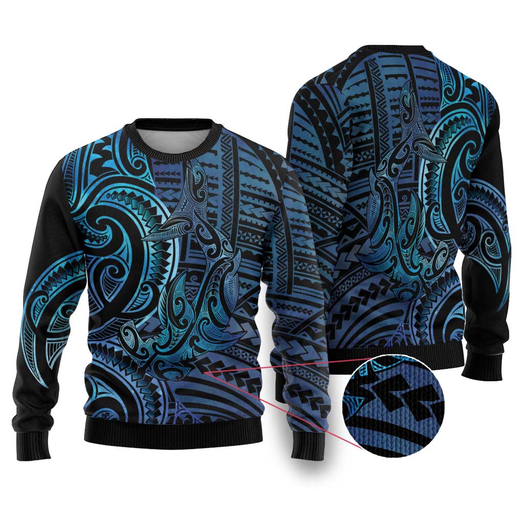 New Zealand Hammerhead Shark Ugly Christmas Sweater Maori Haehae Mangopare Galaxy LT14 Blue - Polynesian Pride