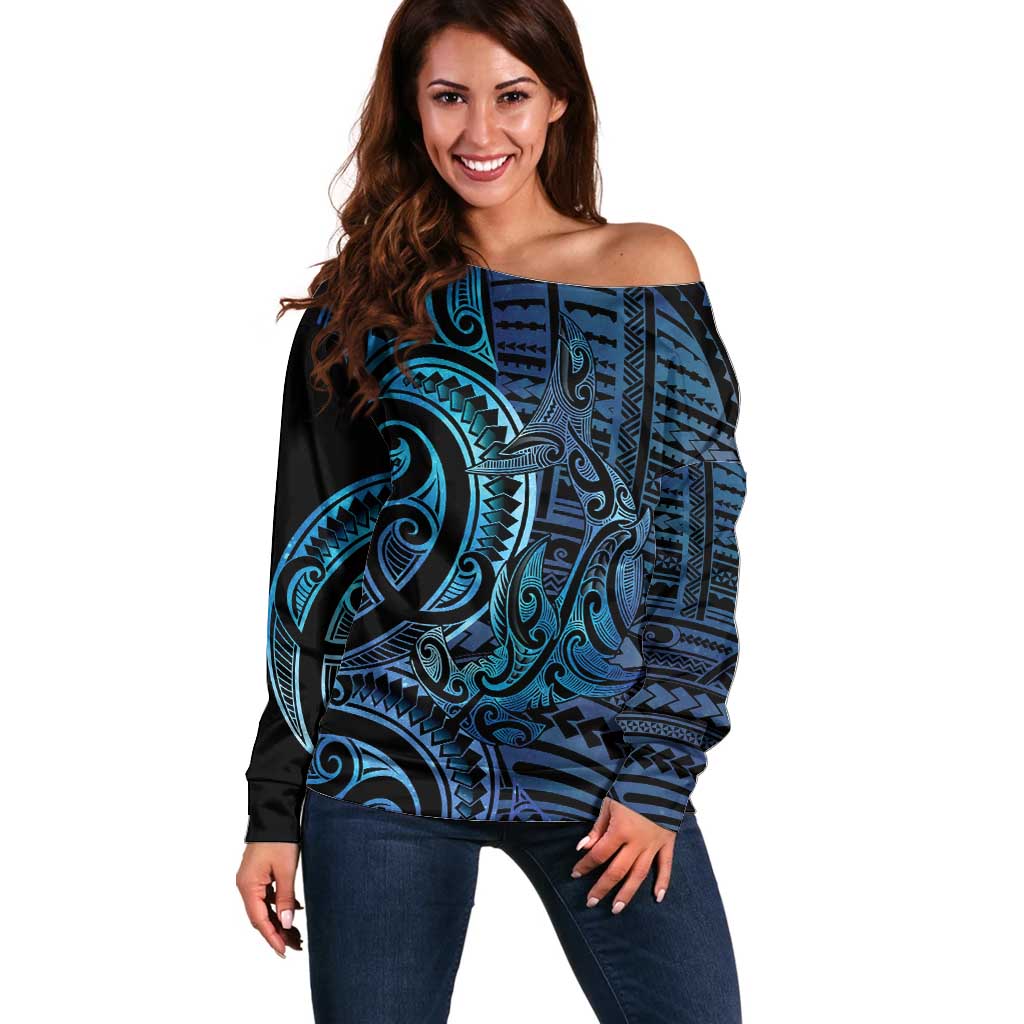 New Zealand Hammerhead Shark Off Shoulder Sweater Maori Haehae Mangopare Galaxy LT14 Women Blue - Polynesian Pride