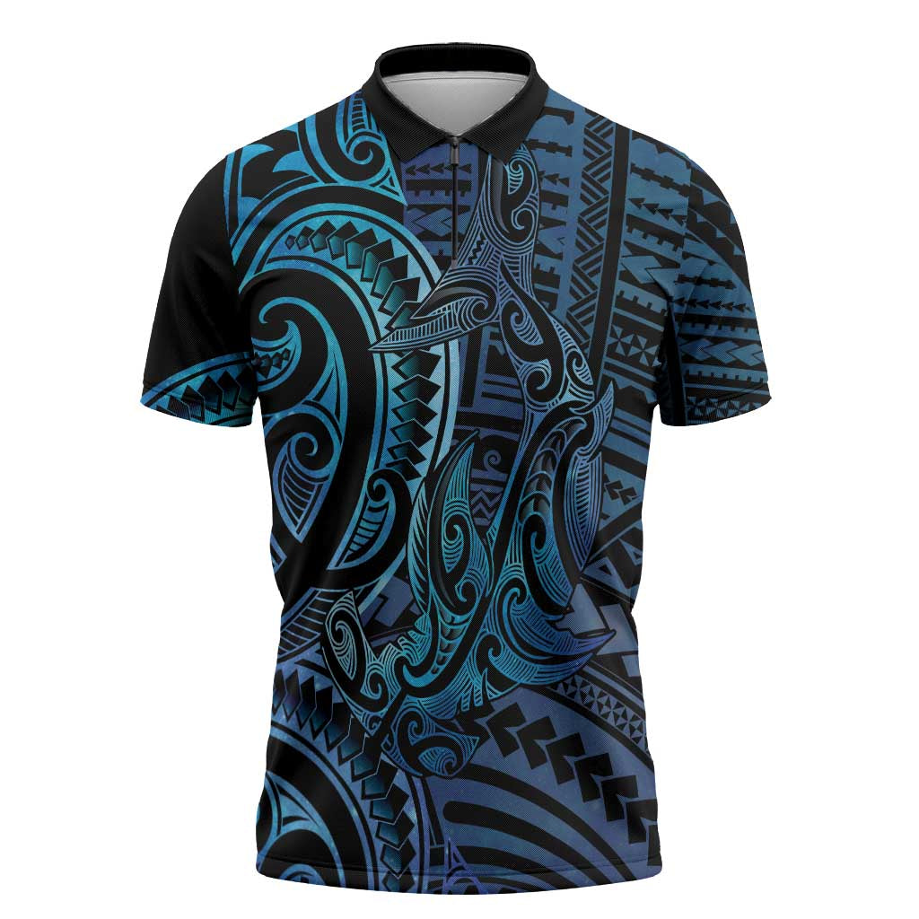 New Zealand Hammerhead Shark Zipper Polo Shirt Maori Haehae Mangopare Galaxy LT14 Blue - Polynesian Pride