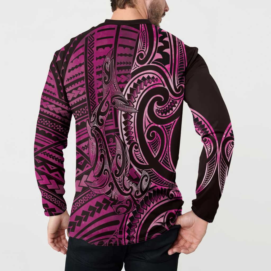 New Zealand Hammerhead Shark Button Sweatshirt Maori Haehae Mangopare Pink LT14 - Polynesian Pride