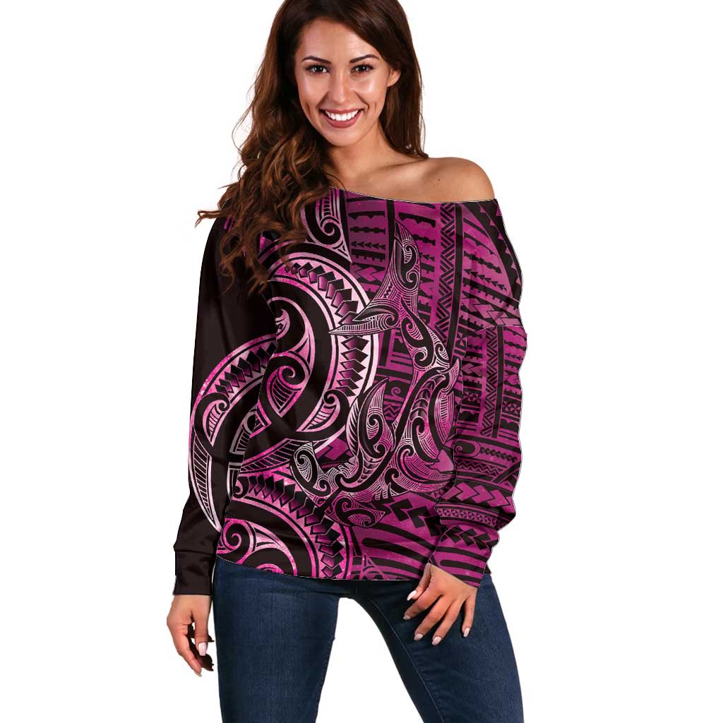 New Zealand Hammerhead Shark Off Shoulder Sweater Maori Haehae Mangopare Pink LT14 Women Pink - Polynesian Pride
