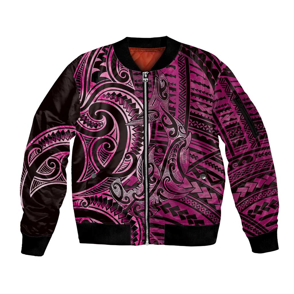 New Zealand Hammerhead Shark Sleeve Zip Bomber Jacket Maori Haehae Mangopare Pink LT14 Unisex Pink - Polynesian Pride