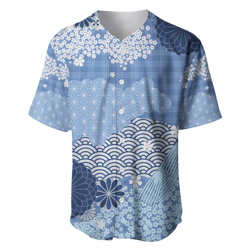 Blue Palaka Japanese Patterns Baseball Jersey Asanoha Seigaiha Sakura Motif LT14 Blue - Polynesian Pride