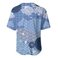 Blue Palaka Japanese Patterns Baseball Jersey Asanoha Seigaiha Sakura Motif LT14 - Polynesian Pride