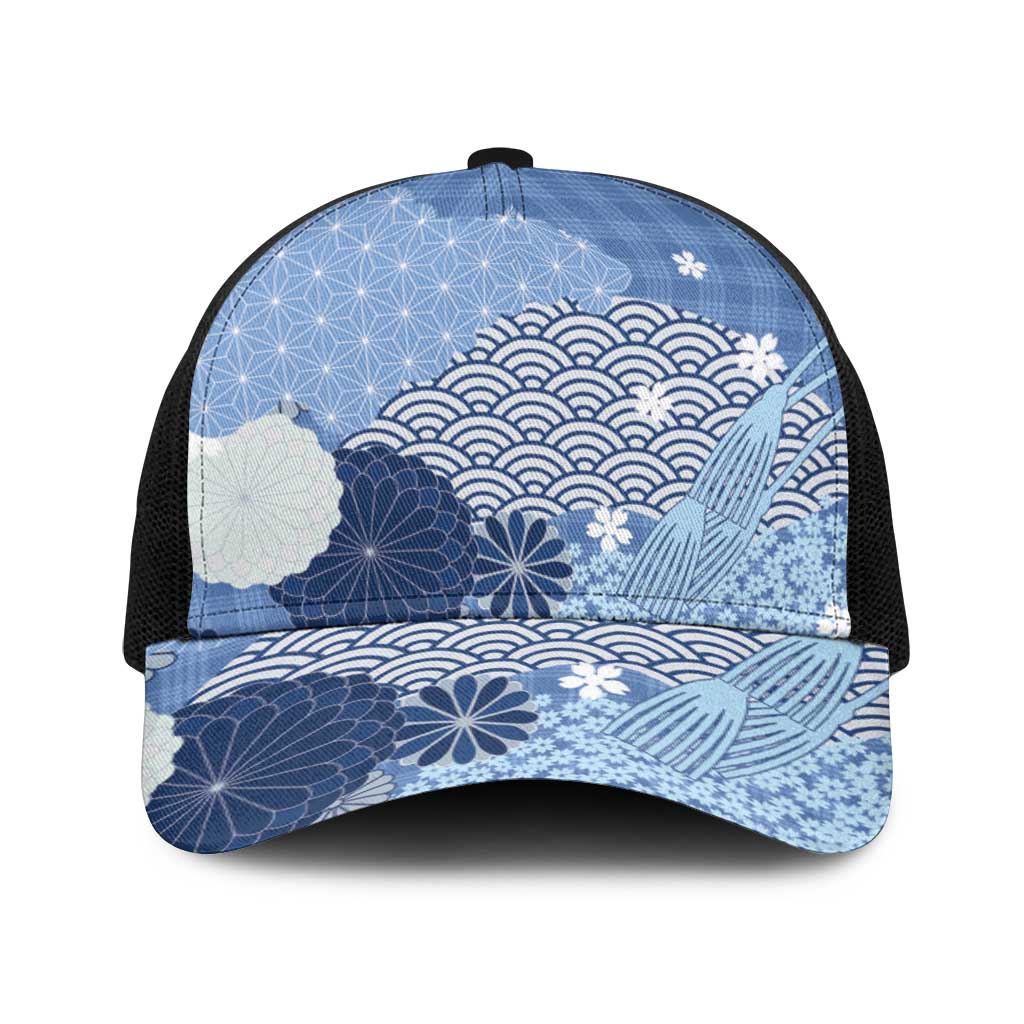 Blue Japanese Traditional Motifs Baseball Net Cap Palaka With Asanoha Seigaiha Sakura LT14 One Size Black Blue - Polynesian Pride