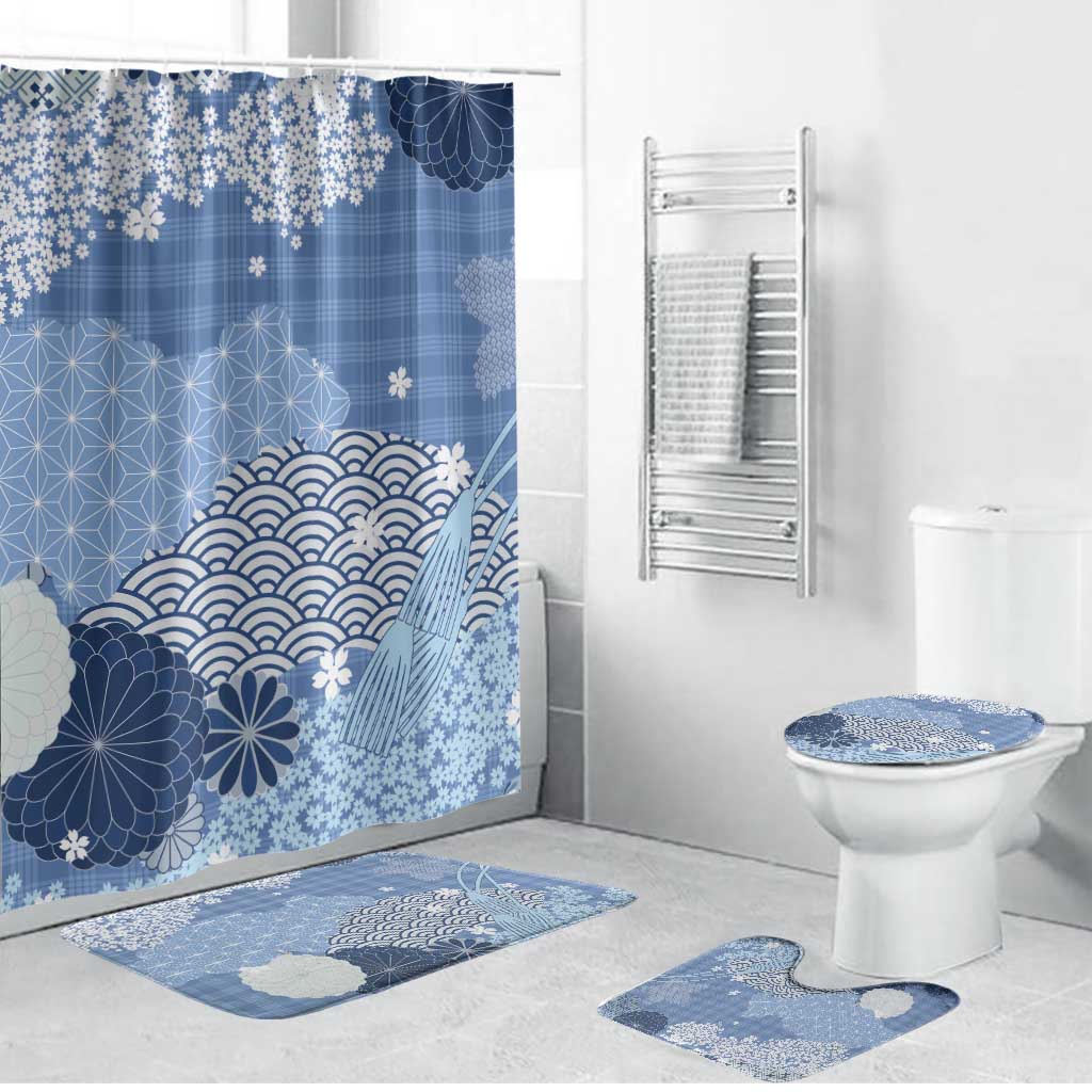 Blue Palaka Japanese Patterns Bathroom Set Asanoha Seigaiha Sakura Motif LT14 Bathroom Set (4 pcs) Blue - Polynesian Pride