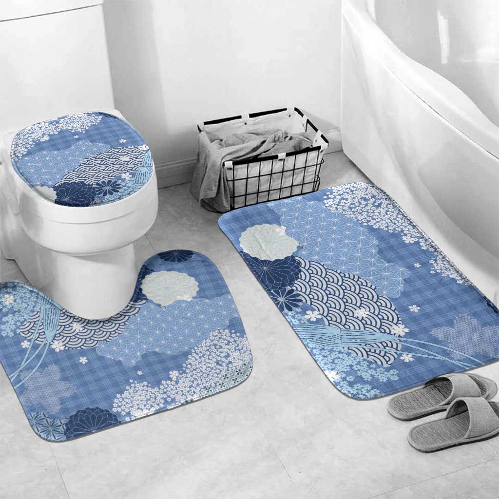 Blue Palaka Japanese Patterns Bathroom Set Asanoha Seigaiha Sakura Motif LT14 Mat Set Only (3 pcs) One Size Blue - Polynesian Pride