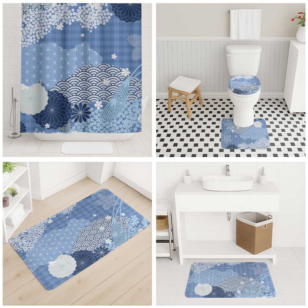 Blue Palaka Japanese Patterns Bathroom Set Asanoha Seigaiha Sakura Motif LT14 - Polynesian Pride