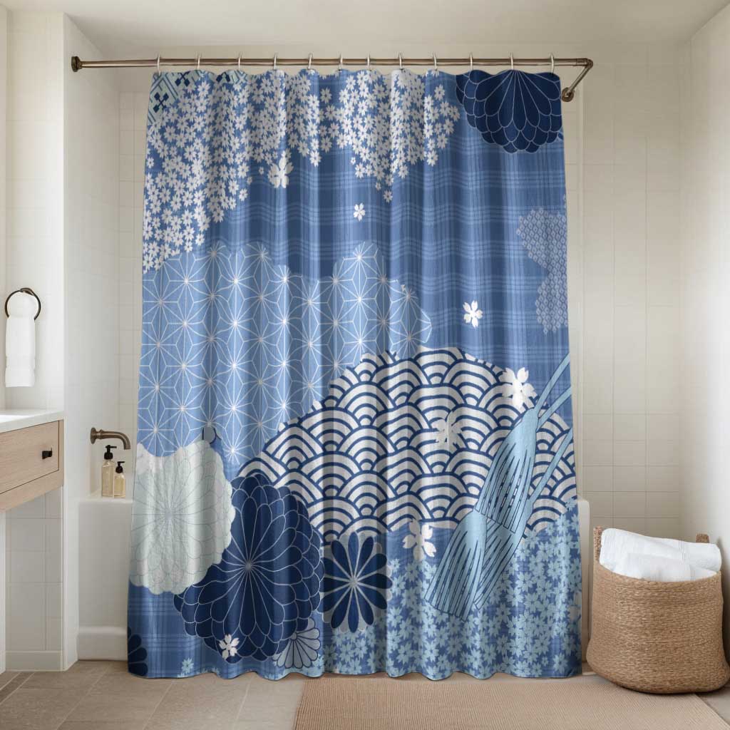 Blue Palaka Japanese Patterns Bathroom Set Asanoha Seigaiha Sakura Motif LT14 Shower Curtain Only Blue - Polynesian Pride