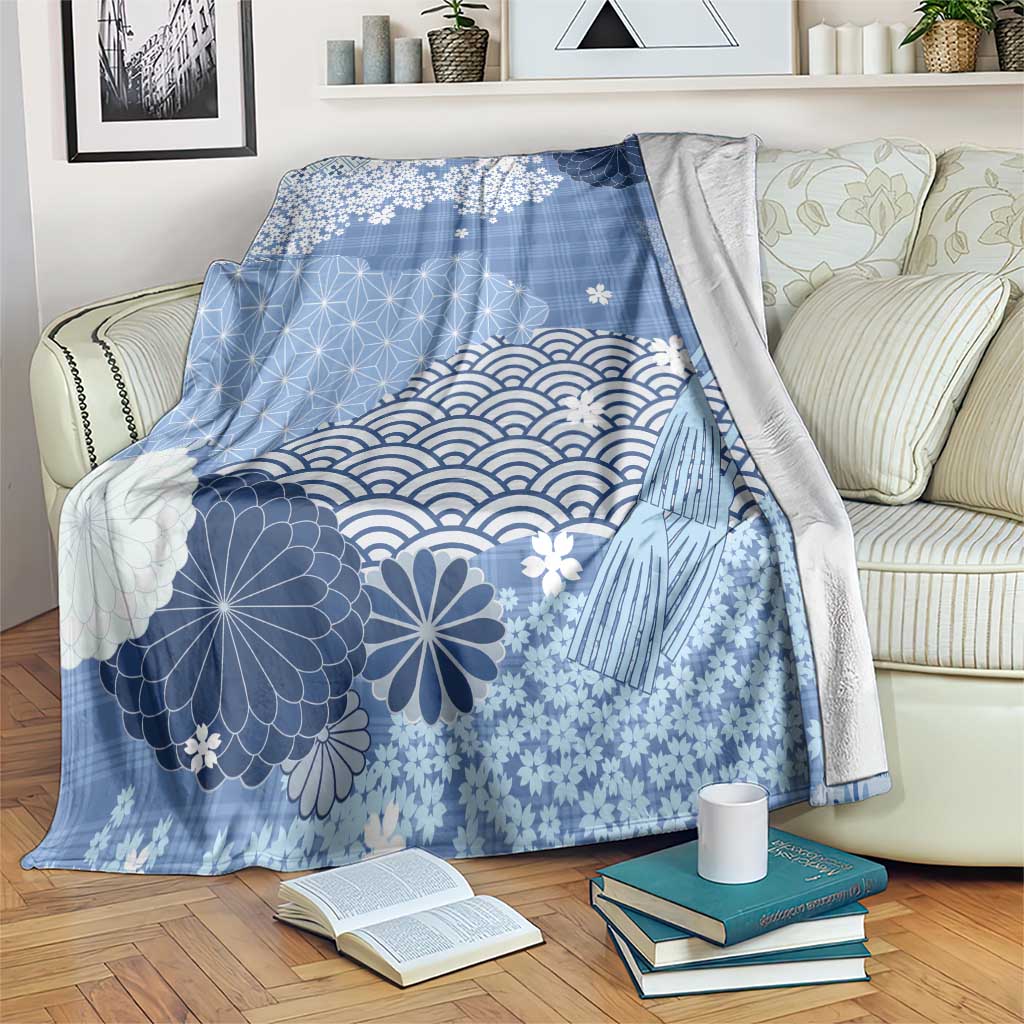 Blue Palaka Japanese Patterns Blanket Asanoha Seigaiha Sakura Motif LT14 Blue - Polynesian Pride