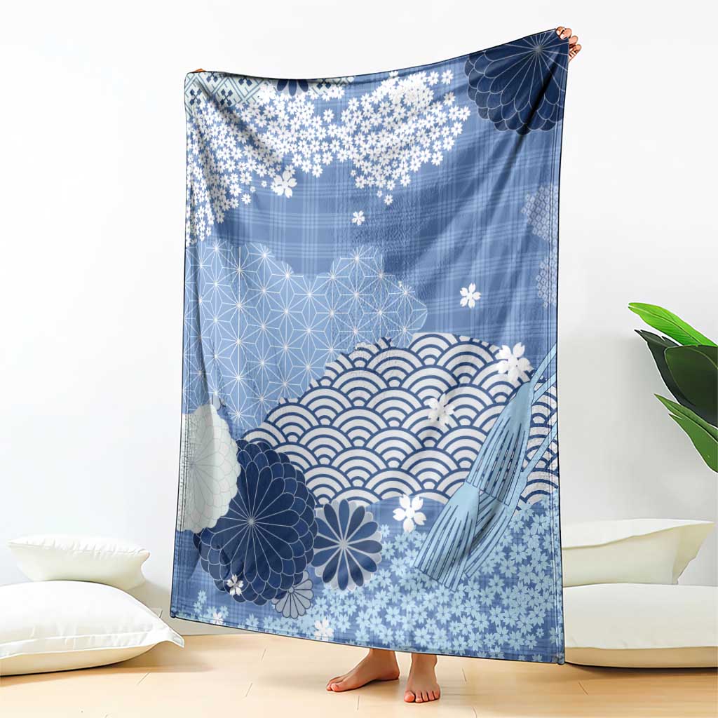 Blue Palaka Japanese Patterns Blanket Asanoha Seigaiha Sakura Motif LT14 - Polynesian Pride