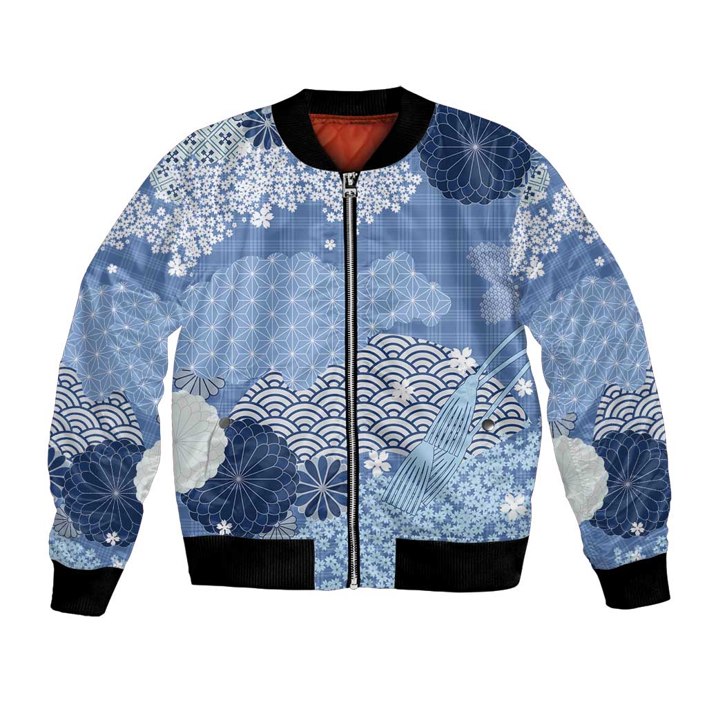 Blue Palaka Japanese Patterns Bomber Jacket Asanoha Seigaiha Sakura Motif LT14 Unisex Blue - Polynesian Pride
