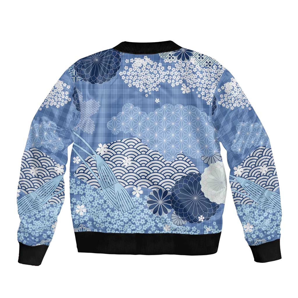 Blue Palaka Japanese Patterns Bomber Jacket Asanoha Seigaiha Sakura Motif LT14 - Polynesian Pride