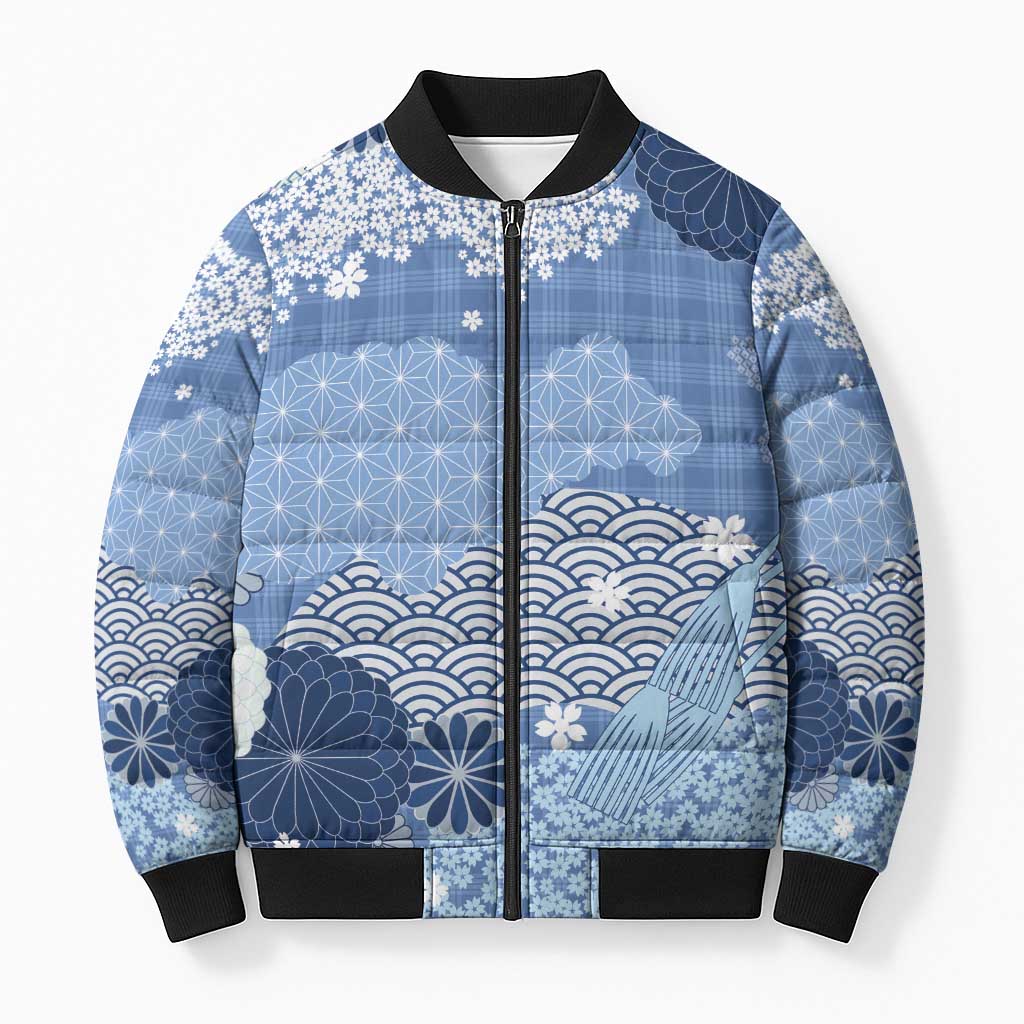 Blue Palaka Japanese Patterns Bomber Puffer Jacket Asanoha Seigaiha Sakura Motif LT14 Unisex Blue - Polynesian Pride