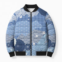 Blue Palaka Japanese Patterns Bomber Puffer Jacket Asanoha Seigaiha Sakura Motif LT14 Unisex Blue - Polynesian Pride