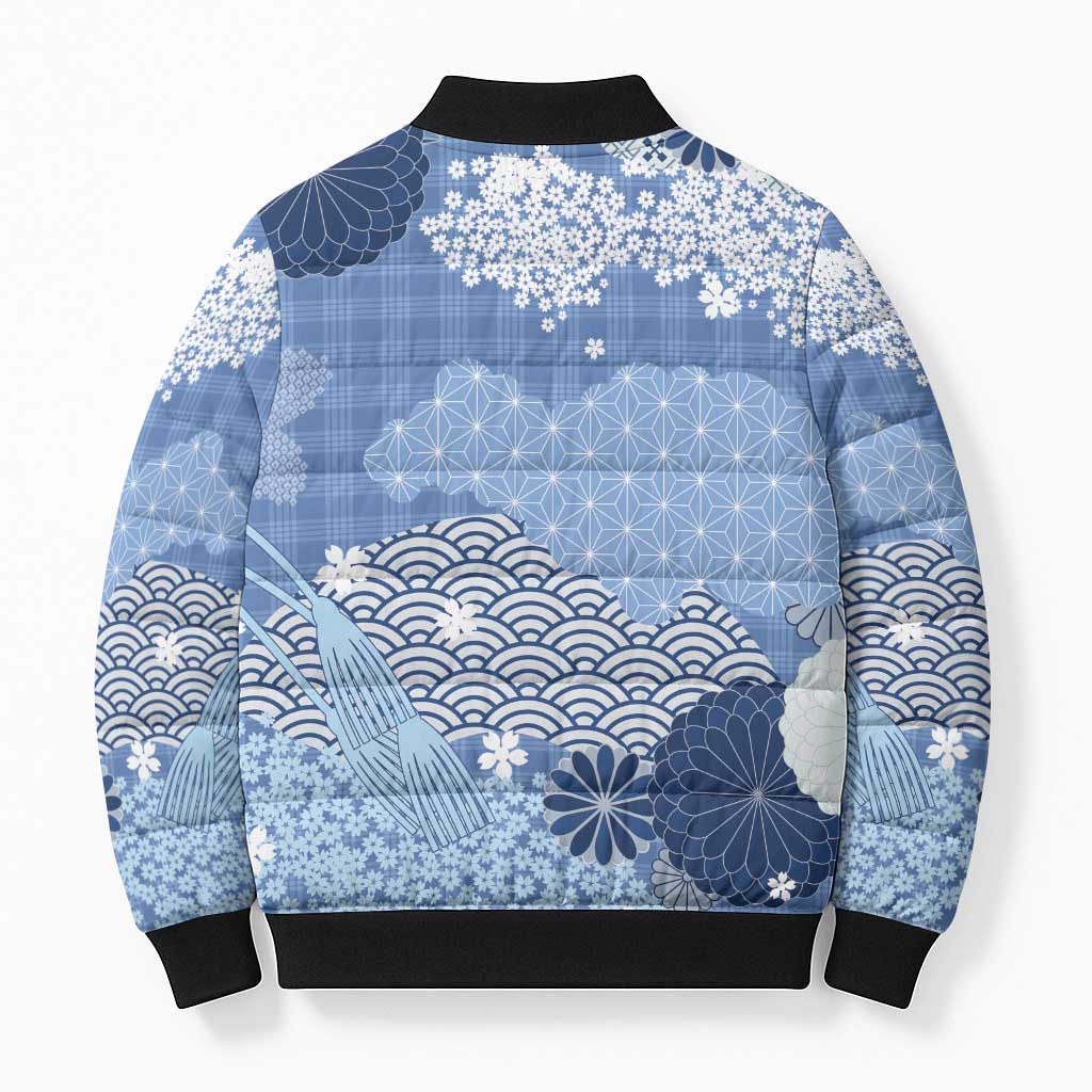 Blue Palaka Japanese Patterns Bomber Puffer Jacket Asanoha Seigaiha Sakura Motif LT14 - Polynesian Pride