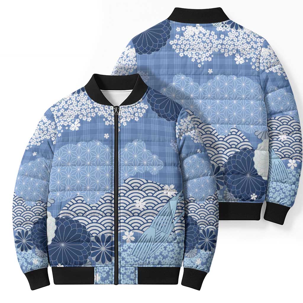 Blue Palaka Japanese Patterns Bomber Puffer Jacket Asanoha Seigaiha Sakura Motif LT14 - Polynesian Pride