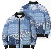 Blue Palaka Japanese Patterns Bomber Puffer Jacket Asanoha Seigaiha Sakura Motif LT14 - Polynesian Pride